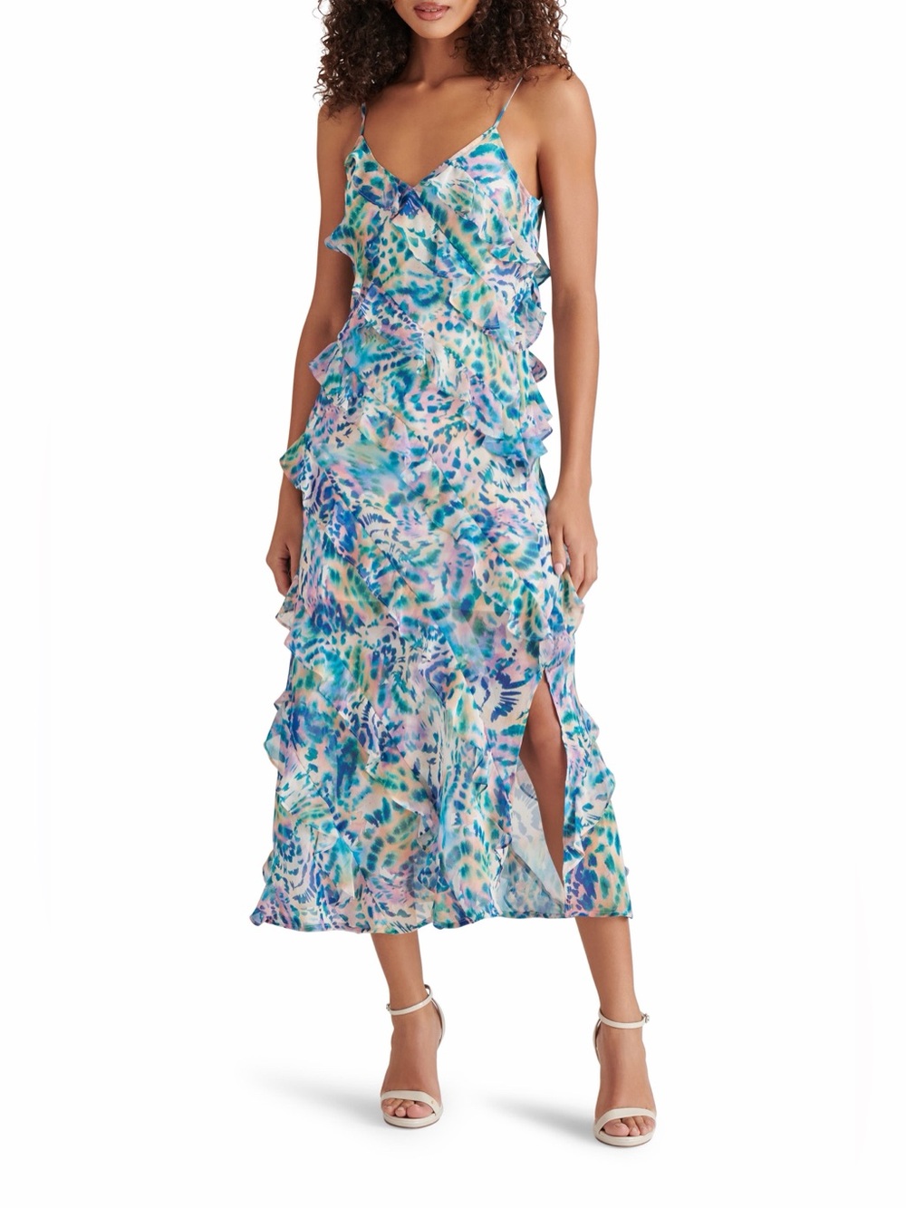 Steve Madden Dion Multi Ruffle Midi Slip Dress Size 14 Pastel Cheetah Print